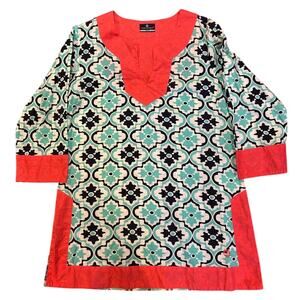 SIMPLY SOUTHERN COLLECTION Cotton Tunic Flower Top Shirt Aqua Medallion Medium